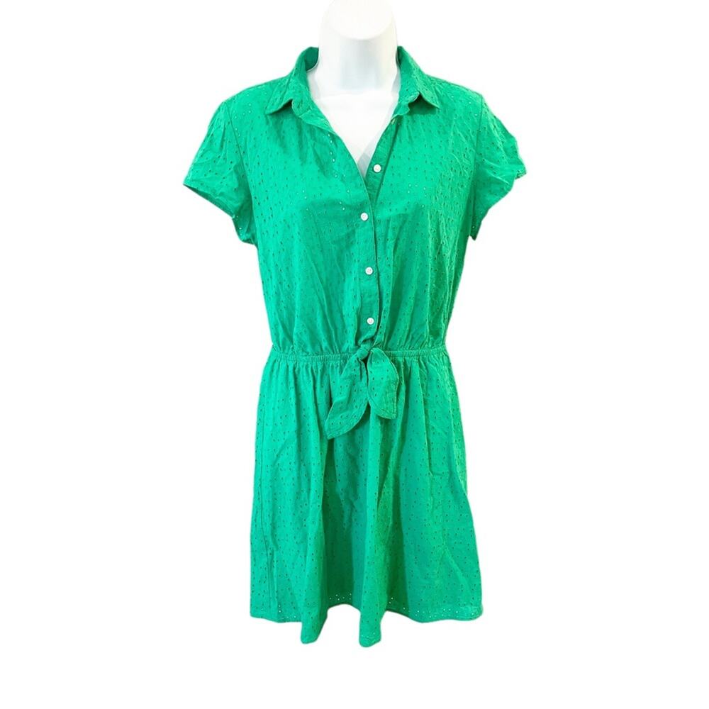 J Crew Mercantile Kelly Green Eyelet Cotton Dress with Tie Size Small